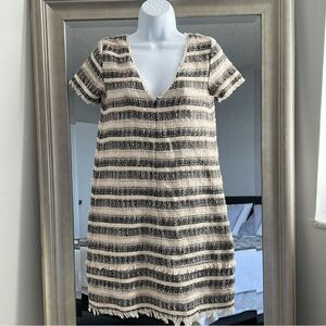 ZARA Straight Stripped Dress With Fringe Trim Size XS